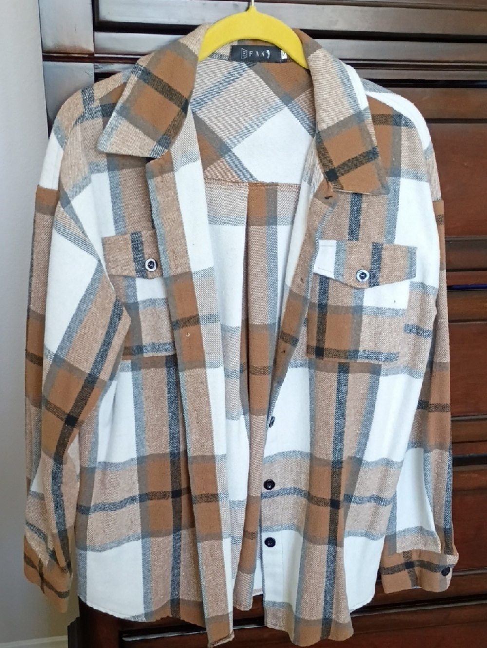 Women’s Brown & White Plaid Button-Down Shirt Jacket